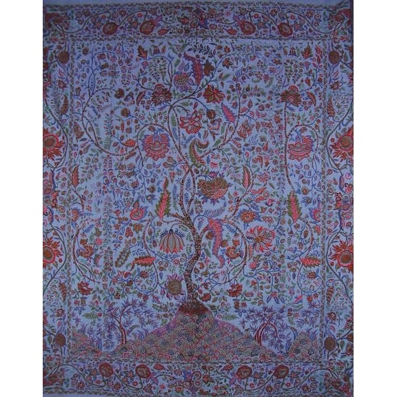 Tree of Life Tapestry Cotton Bedspread 108" x 88" Full-Queen Blue
