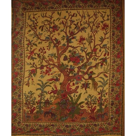 Tree of Life Tapestry Cotton Wall Hanging or Spread 102" x 70" Twin Mustard Brown