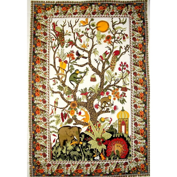 Tree of Life Tapestry Cotton Wall Hanging or Spread 102" x 70" Twin White