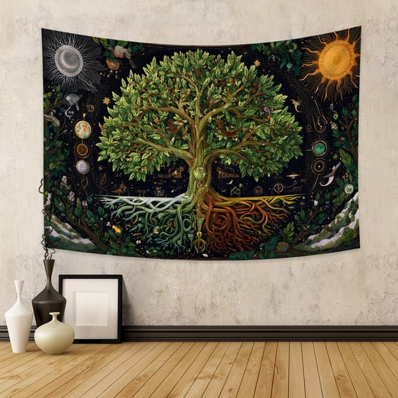 Pbobriich Tree Tapestry Wall Hanging Sun Moon Stars Tapestries Aesthetic Galaxy Wall Tapestry Nature Home Decoration for Living Room Bedroom,60Wx50H