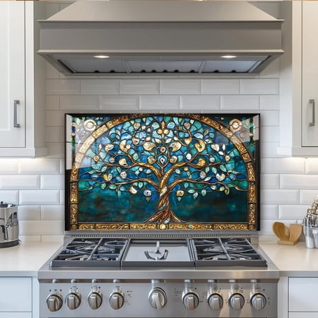 Tree of Life‘’Tempered Glass Backsplash for Kitchen, Frameless, Stove Backsplash Protector for Wall,Easy to Clean, Home Decor (gold, 30"x30")