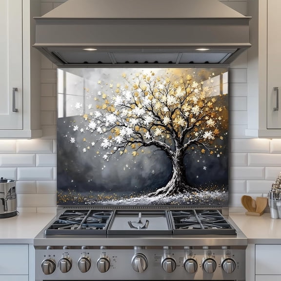 Tree of Life‘’Tempered Glass Backsplash for Kitchen, Frameless, Stove Backsplash Protector for Wall,Easy to Clean, Home Decor (gold, 30"x30")