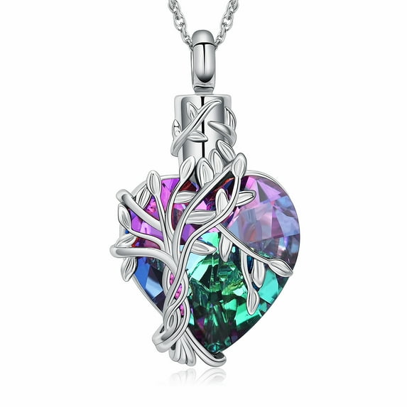 Tree of Life Heart Urn Necklace for Men Women Heart Cremation Jewelry with Birthstone Crystal Memorial Keepsake Jewelry Gifts for Human Adult Ashes