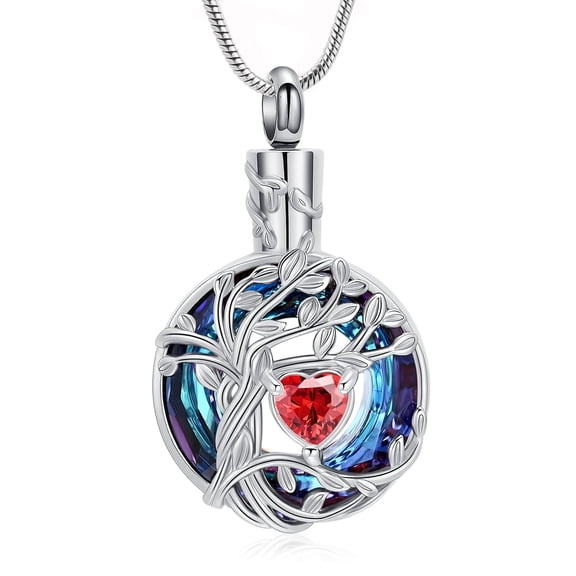 Tree of Life Urn Necklaces for Ashes Birthstone Cremation Jewelry Circle Crystal Memorial Keepsake Funeral Jewelry for Women