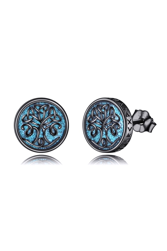 Tree of Life Viking Earrings S925 Sterling Silver Turquoise Black Celtic Tree of Life Viking Stud Earrings Turquoise Jewelry Gifts For Men Women