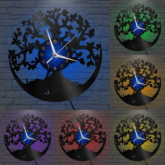 Tree of Life Vinyl Record Wall Clock for Kitchen Wall Decor Wall Art Gift for Lover Gift Idea for a Best Friend(B,with LED)