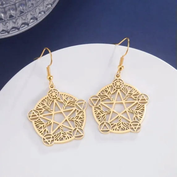 Tree of Life Wiccan Pentagram Earrings Stainless Steel Pentacle Wicca Pagan