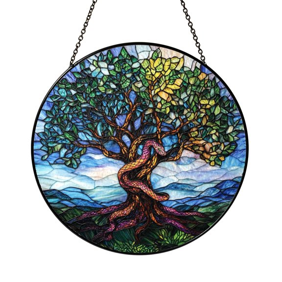 Tree of Life With Serpent Stained Glass Style Window Decor, Vibrant Symbolic Suncatcher Gift for Spiritual Friends