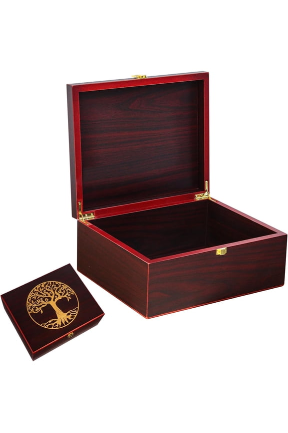 Tree of Life Wooden Keepsake Box - Decorative Boxes with Lids - Wooden Storage Boxes - Memorial Box (Red, Large)