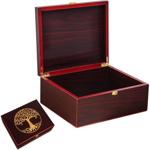 Tree of Life Wooden Keepsake Box - Decorative Boxes with Lids - Wooden Storage Boxes - Memorial Box (Red, Large)