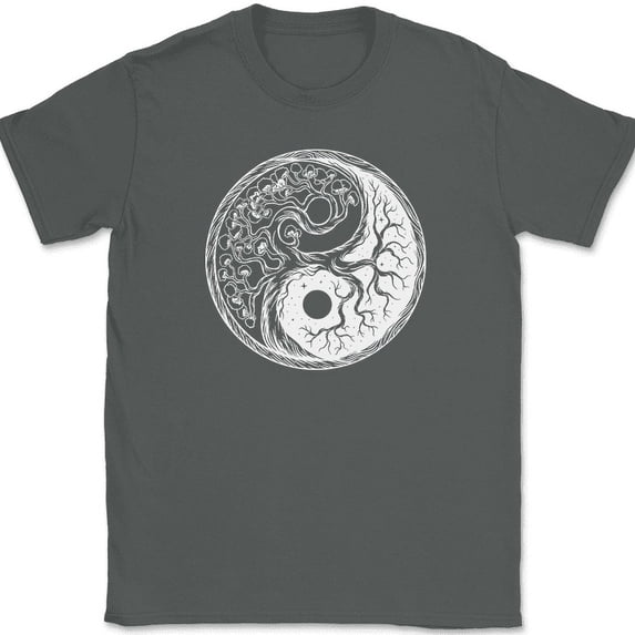 Tree of Life Yin Yang T-Shirt Trippy Graphic Design Taoism Gift Funny Tee - Charcoal, L