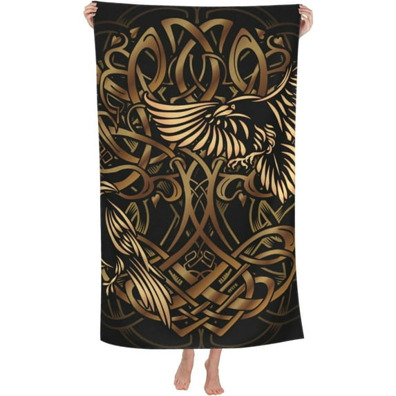 Tree of Life and Totem Bird Large Beach Towel - Plush Thick Cotton Pool Towel, Adult Beach Towels