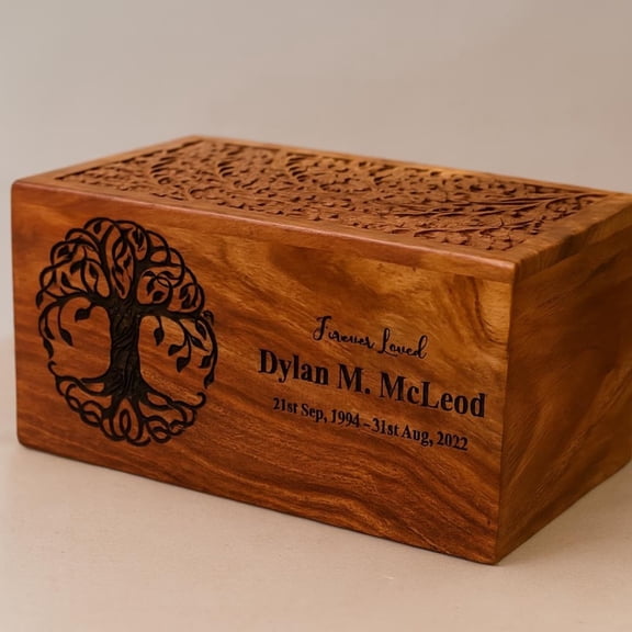 Tree of Life urn, handmade rosewood cremation urn box for human ashes, beautiful keepsake memorial urn box for ashes