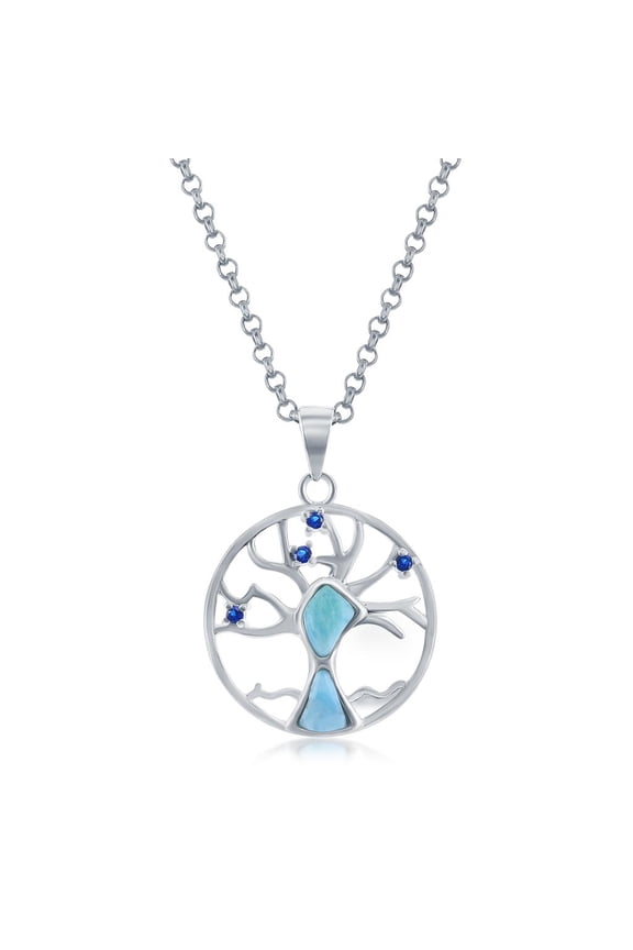 Tree of Life with Natural Larimar Gemstone and Created Sapphire 18 Pendant Necklace | Sterling Silver Necklace Jewelry for Women or Teens