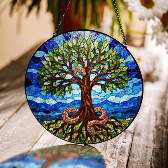 Tree of Life with Serpent Glass Suncatcher, Spiritual Window Art, for Friend, 3.5 in
