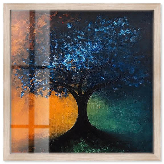 Tree of Opposites II Shadowbox Print Nature Paintings by Art Remedy, Blonde Frame, 30 x 30