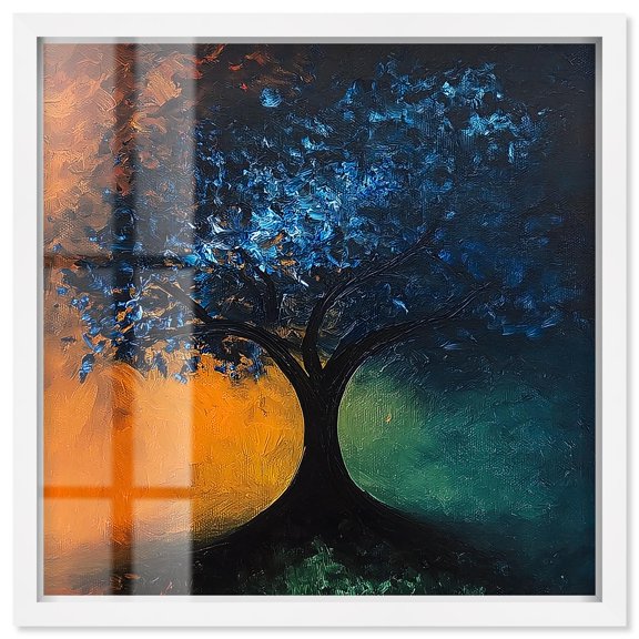 Tree of Opposites II Shadowbox Print Nature Paintings by Art Remedy, White Frame, 16 x 16