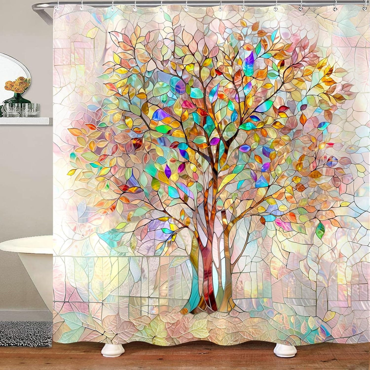 Tree of Shower Curtain Stained Glass Shower Curtain Art Life Shower Curtains for Bathroom Colorful Shower Curtain Set with 12 Hooks Tree 72×72 Inches