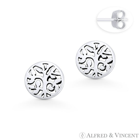 Tree w/ Filigree Vine & Leaf Charm Circle Stud Earrings w/ Push-Back Posts in .925 Sterling Silver