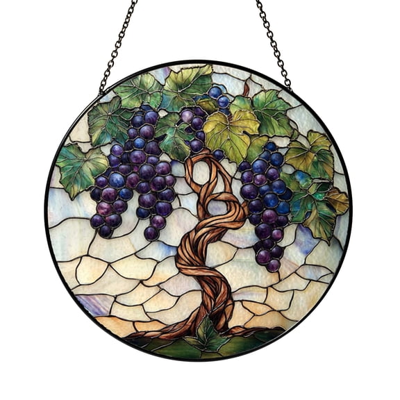 Tree with Grapevine Stained Glass Suncatcher Window Art Botanical Garden Theme Decorative Hanging Glass for Home