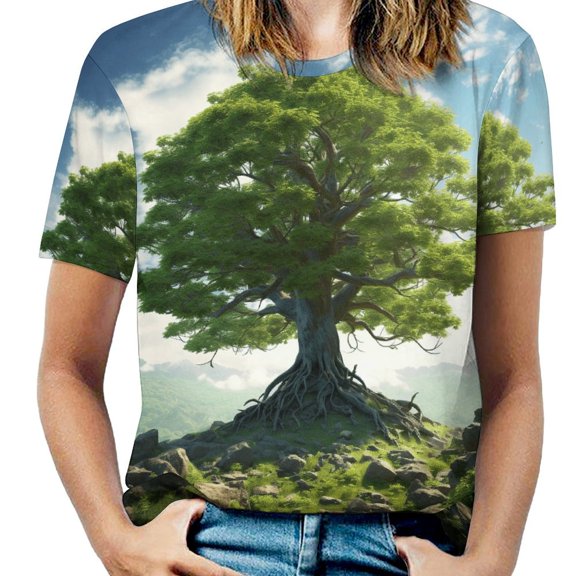 Tree with Life Womens Tops Women's Fashion Casual Short Sleeve Flower Print Round Neck Pullover Top Blouse