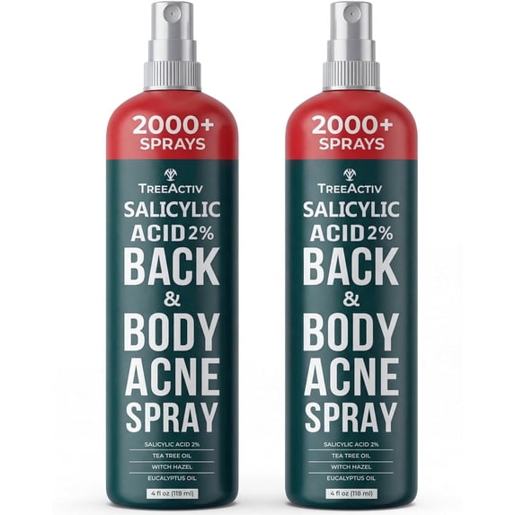 TreeActiv Salicylic Acid Back & Body Acne Spray, Fine Mist Back Spray for Bacne & Chest Acne, Tea Tree + Eucalyptus, Fast-Drying Non-Staining, 4 fl oz (2-Pack, 8 fl oz Total)