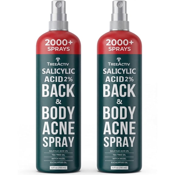 TreeActiv Salicylic Acid Back & Body Acne Spray, Fine Mist Back Spray for Bacne & Chest Acne, Tea Tree + Eucalyptus, Fast-Drying Non-Staining, 4 fl oz (2-Pack, 8 fl oz Total)