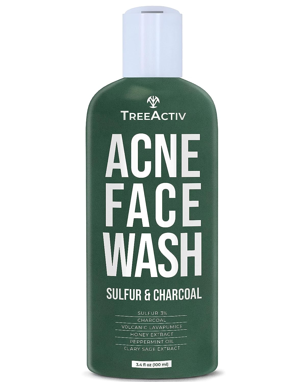 TreeActiv Charcoal Exfoliating Face Wash 3.4 oz, Hydrating Sulfur Cleanser for Acne-Prone Skin, 200+ Uses