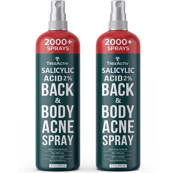 TreeActiv Salicylic Acid Back & Body Acne Spray, Fine Mist Back Spray for Bacne & Chest Acne, Tea Tree + Eucalyptus, Fast-Drying Non-Staining, 4 fl oz (2-Pack, 8 fl oz Total)