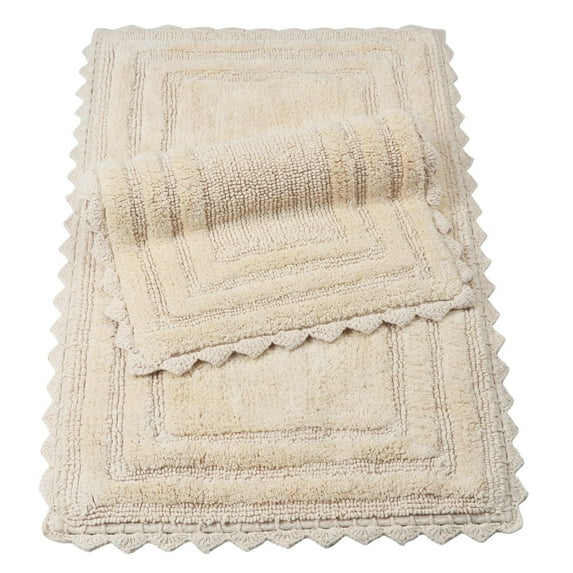 TreeWool, Cotton Bath Rugs with Crochet Border, Reversible Rectangle (17" x 24", Beige, 2-Pack)