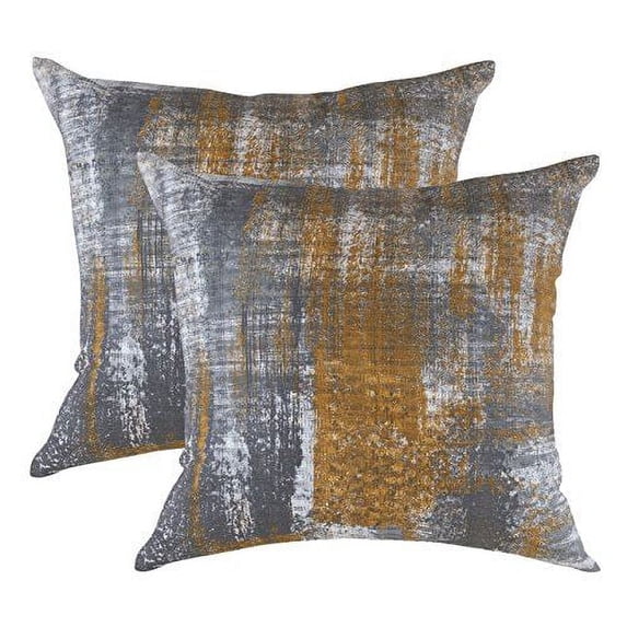 TreeWool (Pack of 2) Brush Art Accent Decorative Square Cotton Throw Pillow Covers (16 x 16 inches, Mustard)