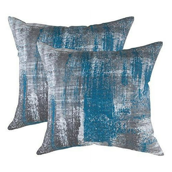 TreeWool (Pack of 2) Brush Art Accent Decorative Square Cotton Throw Pillow Covers (16 x 16 inches, Teal)