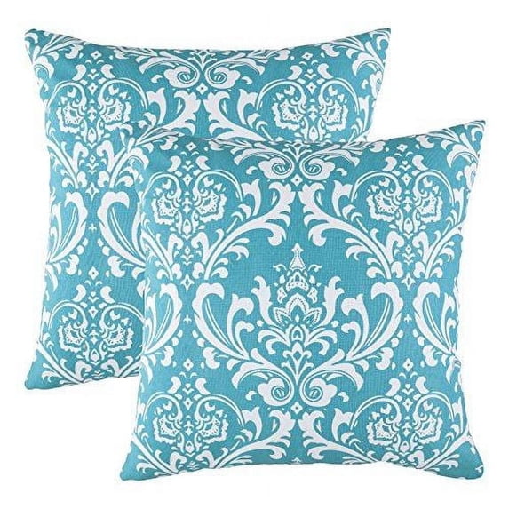 TreeWool (Pack of 2) Damask Accent Decorative Cotton Throw Pillow Covers (16 x 16 Inches, Turquoise)