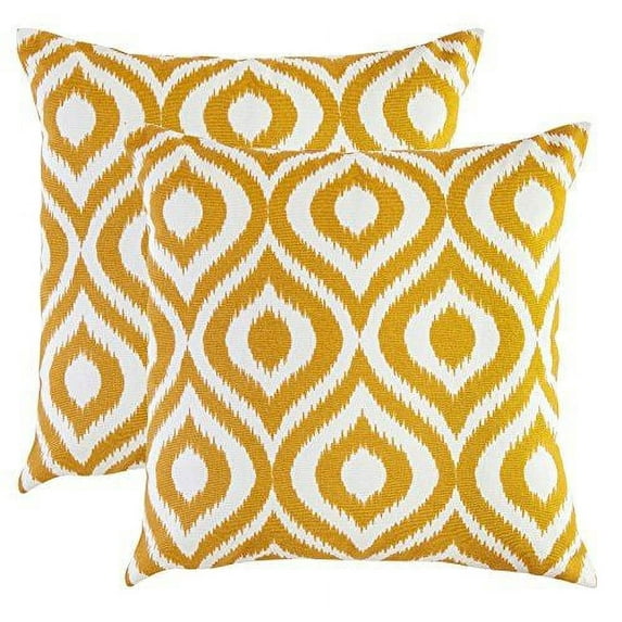TreeWool (Pack of 2) Ogee Ikat Accent Decorative Cotton Throw Pillow Covers (16 x 16 Inches, Mustard)