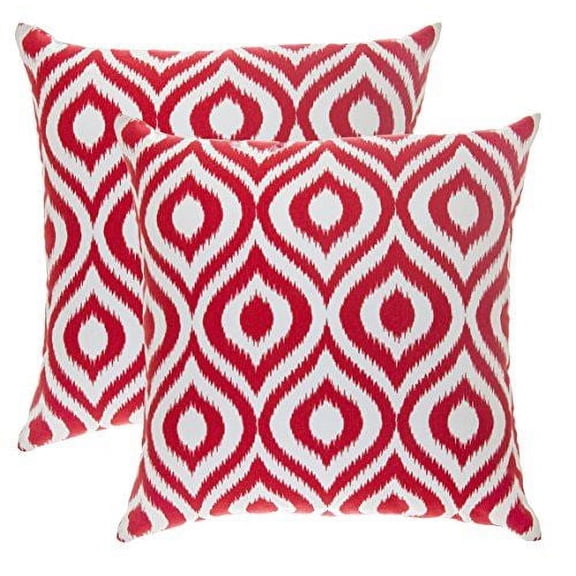 TreeWool (Pack of 2) Ogee Ikat Accent Decorative Cotton Throw Pillow Covers (18 x 18 Inches, Red)