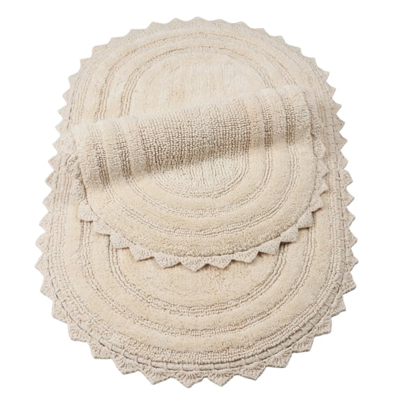 TreeWool (Set of 2) Cotton Bath Rugs with Crochet Border, Reversible Oval (21" x 34" & 17" x 24", Beige)