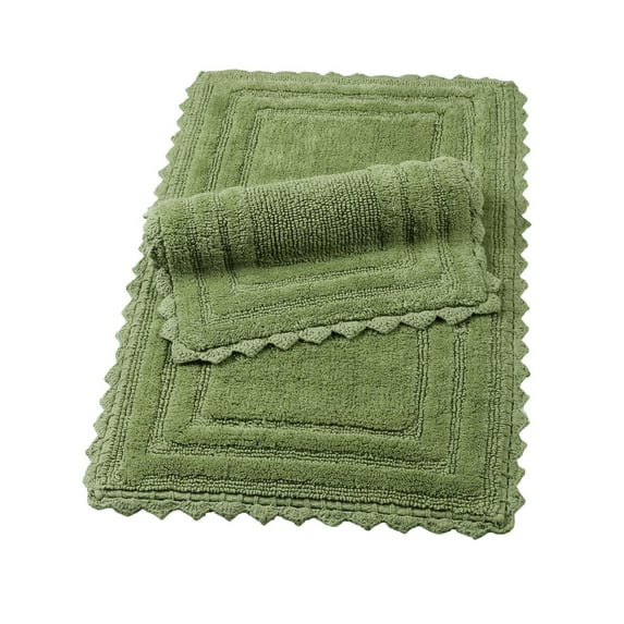 TreeWool (Set of 2) Cotton Bath Rugs with Crochet Border, Reversible Rectangle (21" x 34" & 17" x 24", Sage Green)