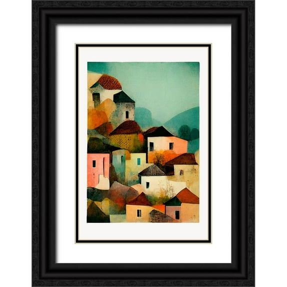 Treechild 13x18 Black Ornate Wood Framed with Double Matting Museum Art Print Titled - Italian Village