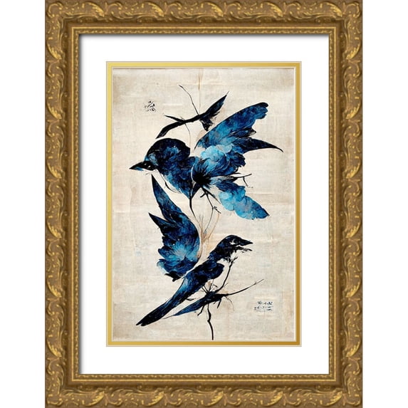 Treechild 23x32 Gold Ornate Wood Framed with Double Matting Museum Art Print Titled - Blue Birds