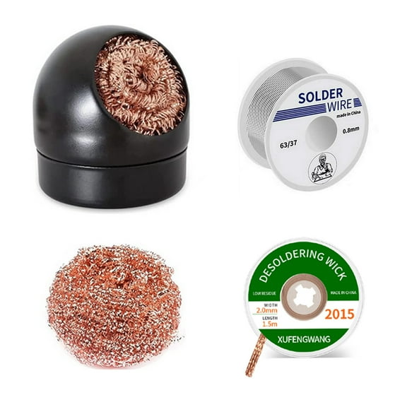 Treedix 4-in-1 Welding Tool Set Soldering Iron Tip Cleaner, Soldering Tip Cleaning Kit with Brass Cleaning Wire, 0.8mm 50g Solder Wire and 2.0mm 5ft No-clean Soldering Core