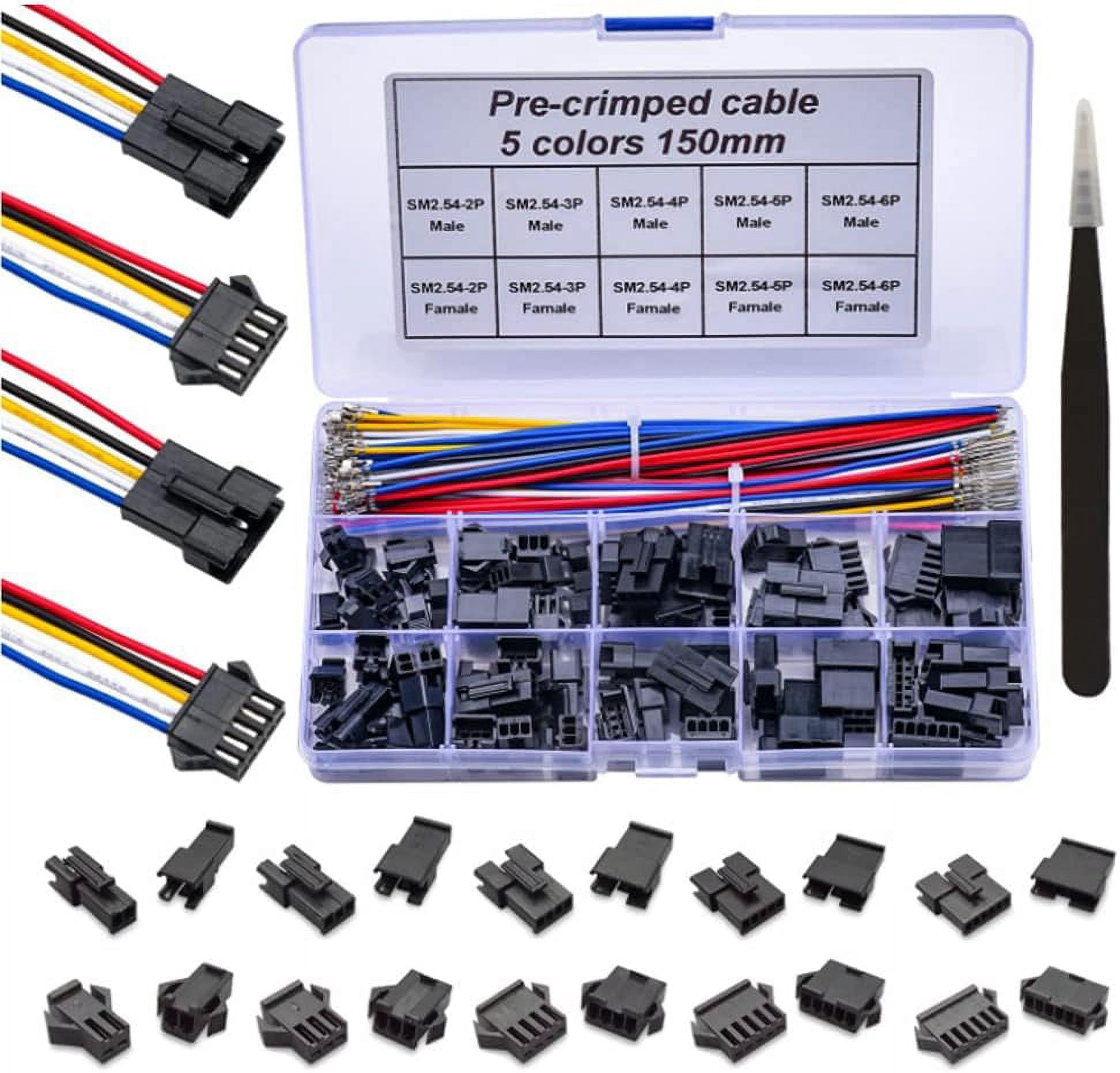 Treedix JST Connector Kit 2.54mm Male and Female with 22AWG Pre-Crimp Cable Wires 2pin/3pin/4pin/5pin/6pin