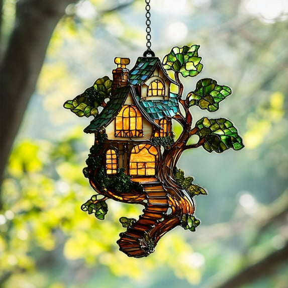 Treehouse Acrylic Suncatcher fullxfull Whimsical Window Hanging with Tree and Lights