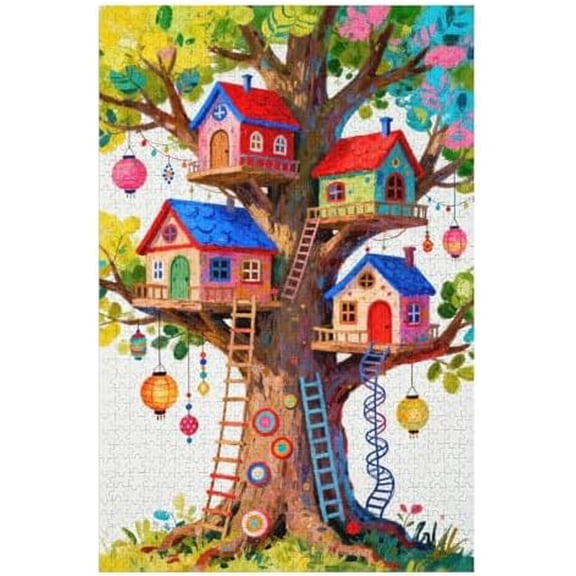 Treehouse Fantasy Jigsaw Puzzle for Adults 500 Pieces, Colorful Art Illustration, Challenging DIY Puzzle, Family Activity Game, Relaxing Home Decoration, Fun Gift for Puzzle Lovers