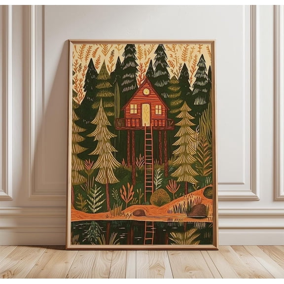 Treehouse Forest Woodland Cabin Nature Landscape Rustic Outdoor Decor Unframed Paper Print