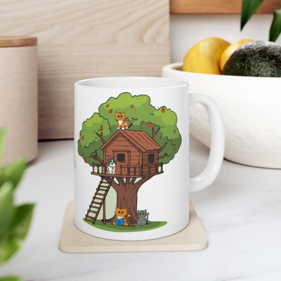 Treehouse Illustration Mug Cozy Treehouse, Ladder, Apple Tree Ceramic Mug.jpg