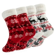 Treehouse Knit (2 Pack) Colorful Womens Thick Knit Winter Sherpa Fleece Slipper Socks Grippers