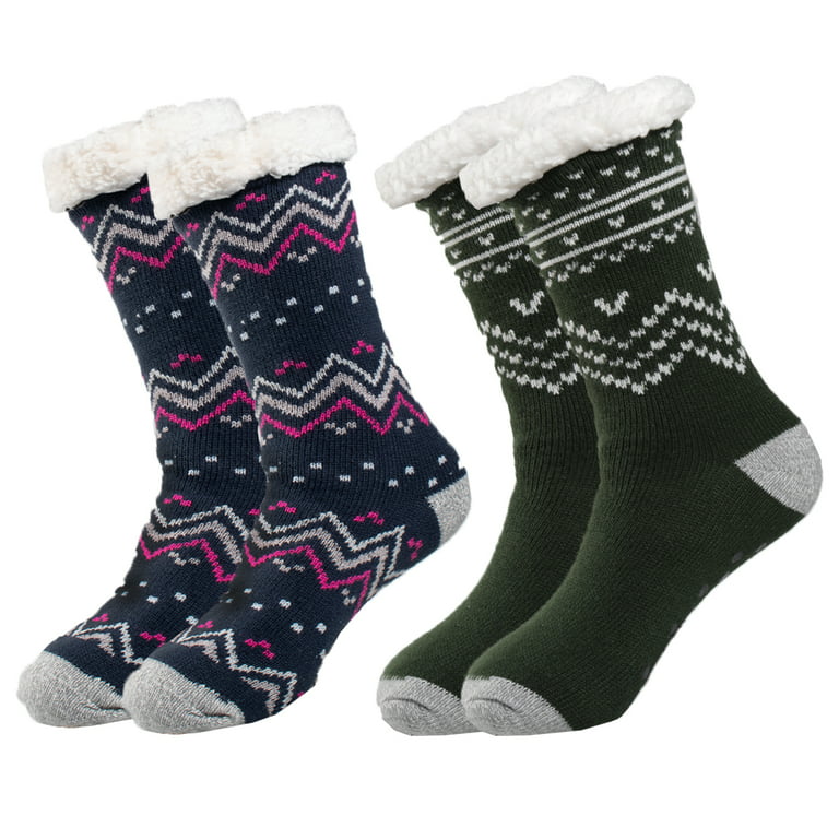 Treehouse Knit (2 Pack) Colorful Womens Thick Knit Winter Sherpa Fleece  Slipper Socks Grippers