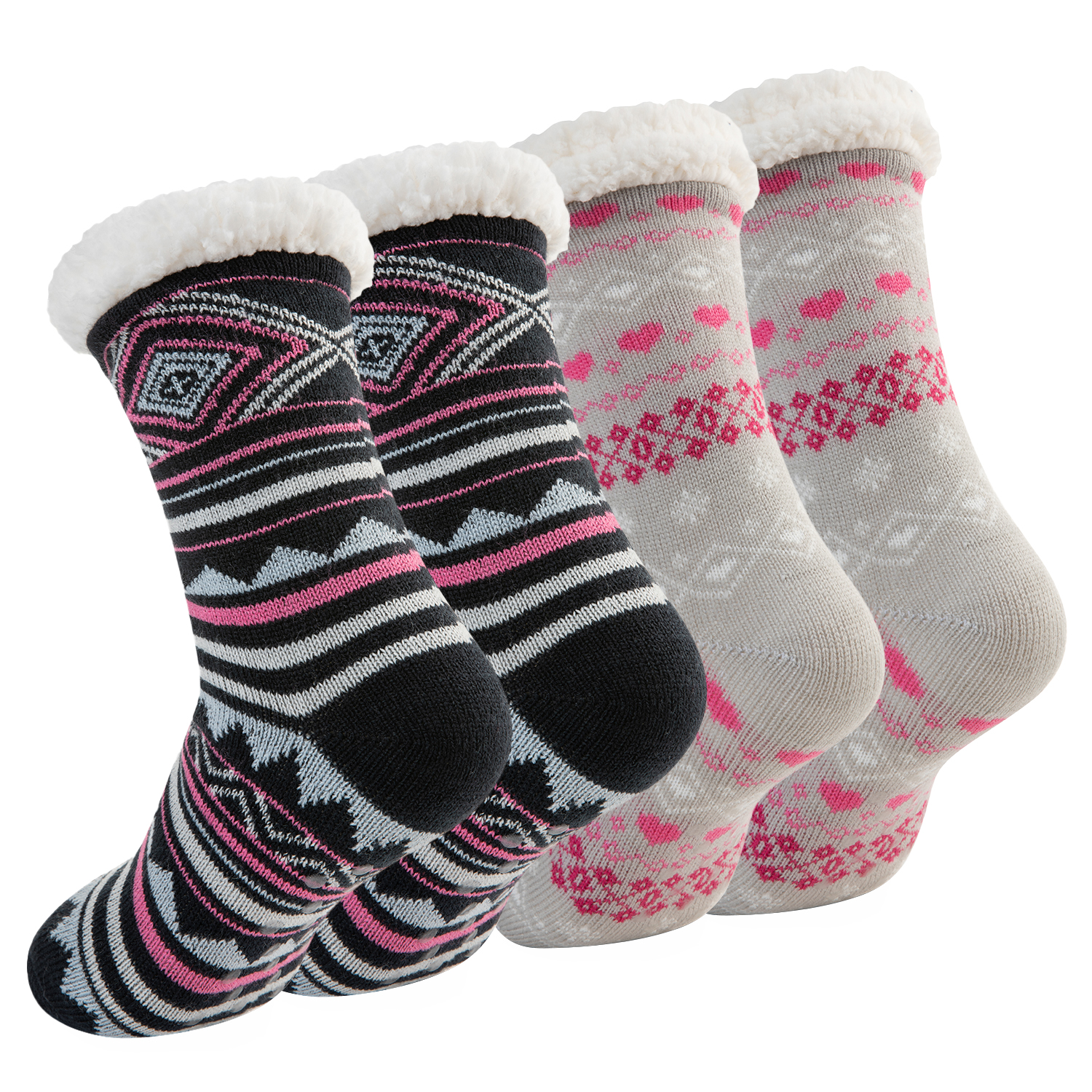 Treehouse Knit (2 Pack) Colorful Womens Thick Knit Winter Sherpa Fleece Slipper Socks Grippers