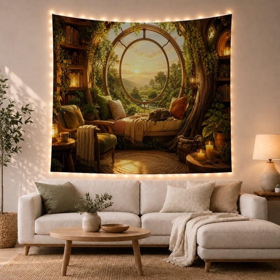 Treehouse Library With Sunset View, Cozy Fantasy for Nature Lovers, Enchanted Forest Art, Thanksgiving Gift Tapestry Wall Hanging for Living Room and Bedroom