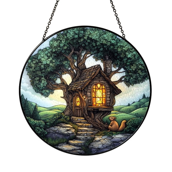 Treehouse Stained Glass Window Panel – Decorative Window Accent